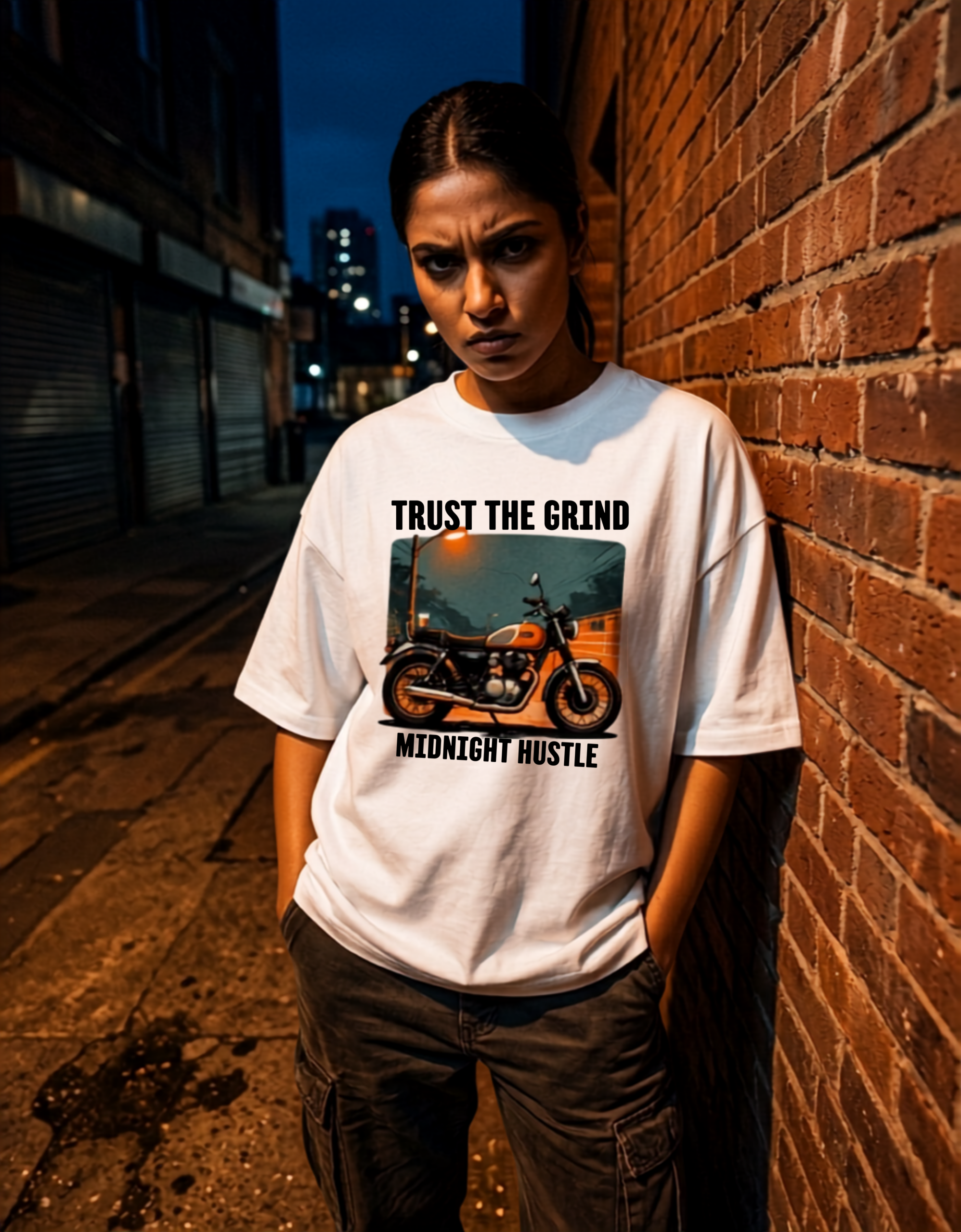 night hustle f Midnight Hustle Moto Graphic Oversized Tee